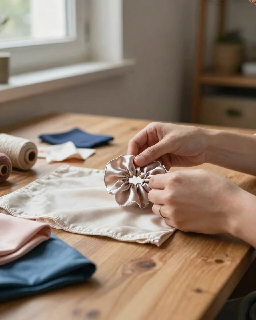 Editorial documentary photograph of a warm, softly lit home workspace in Turkey, a pair of hands sewing a satin scrunchi