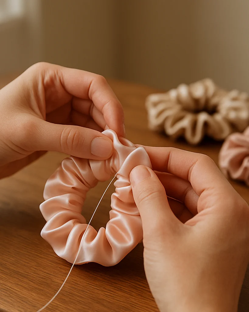 Close-up of hands stitching a silk satin scrunchie at a warm wood