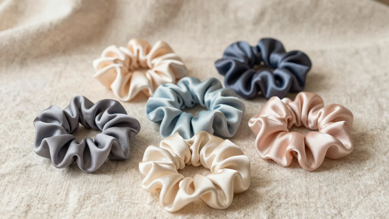 Editorial product photography of several silk satin scrunchies ar