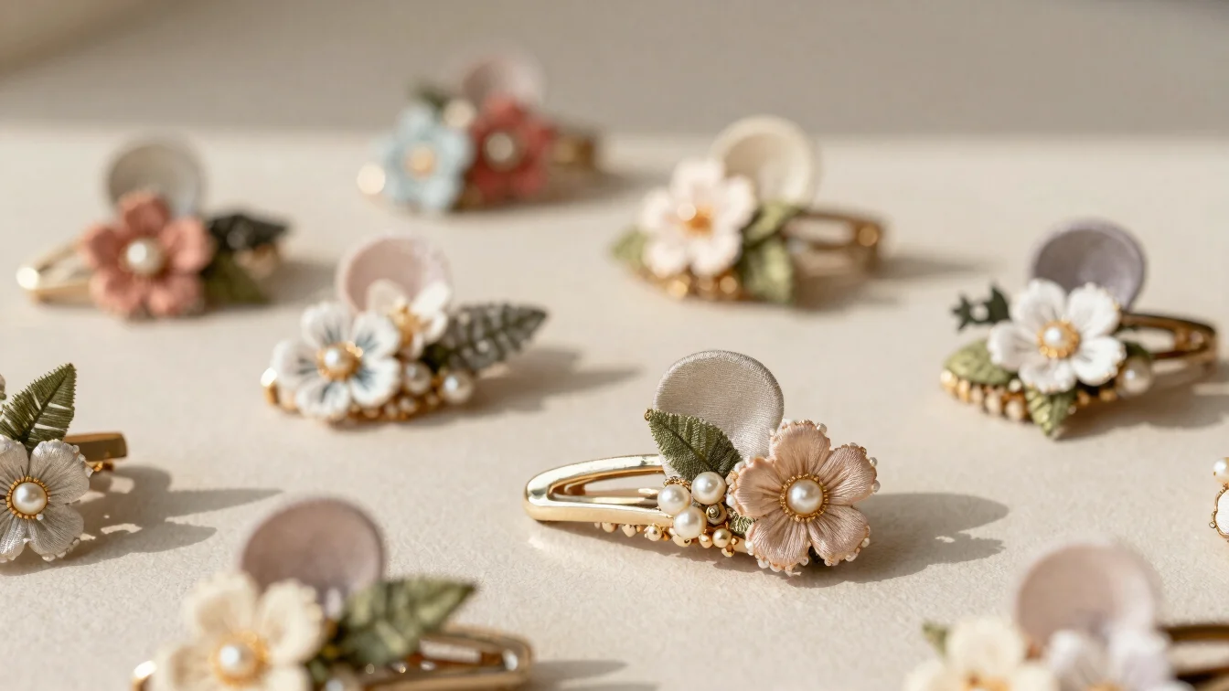 Close-up product photography of handmade hair clips with small fl