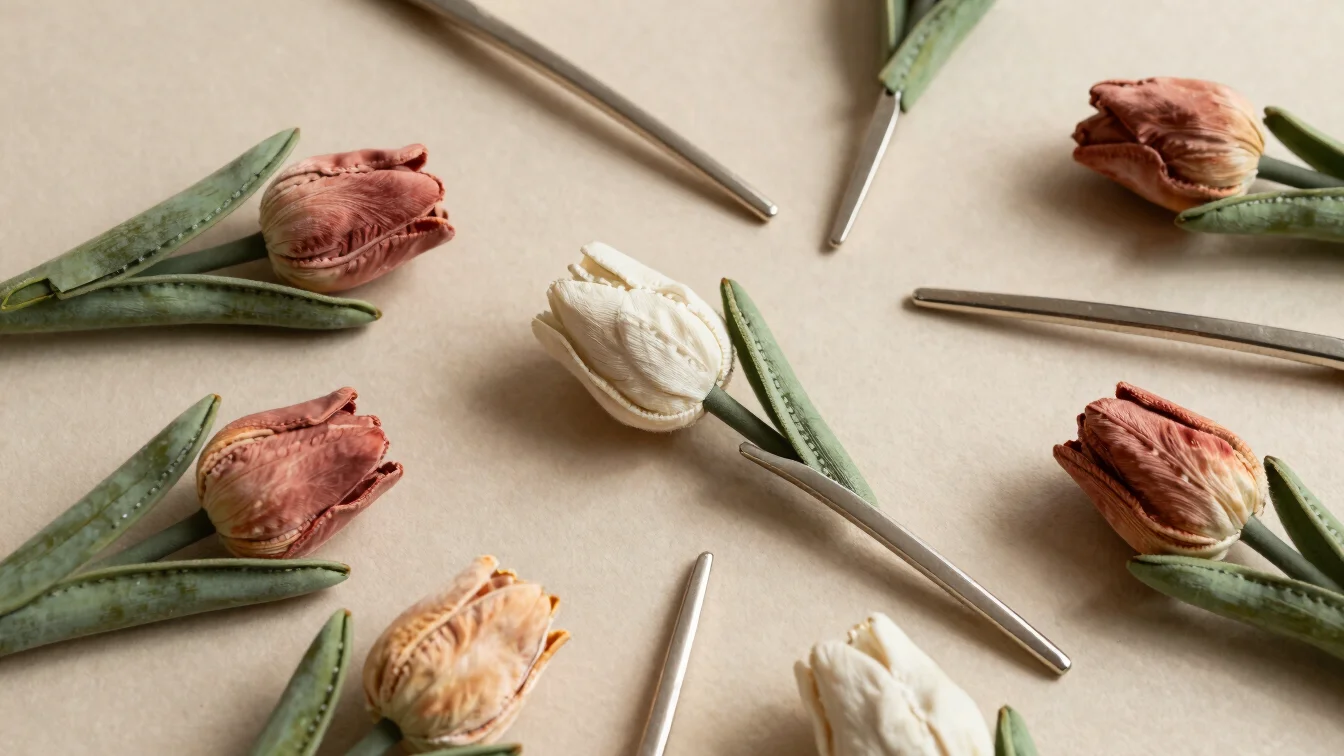 Overhead product photography of tulip-detailed hair pins laid out