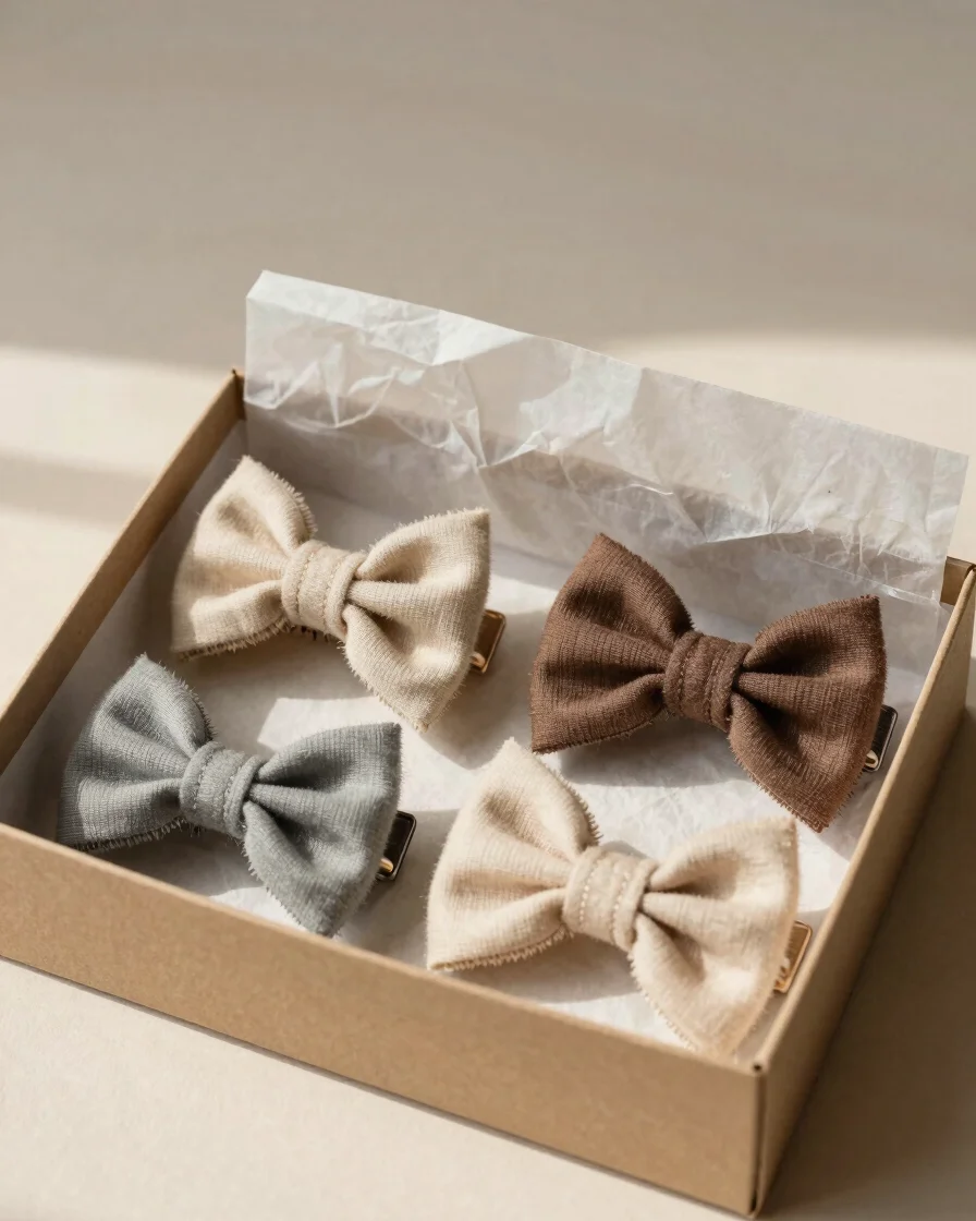 Product photography of a gift set of handmade hair accessories ar
